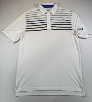 Straight Down Polo Shirt Mens Large White Blue Stripe Golf River Oaks Club